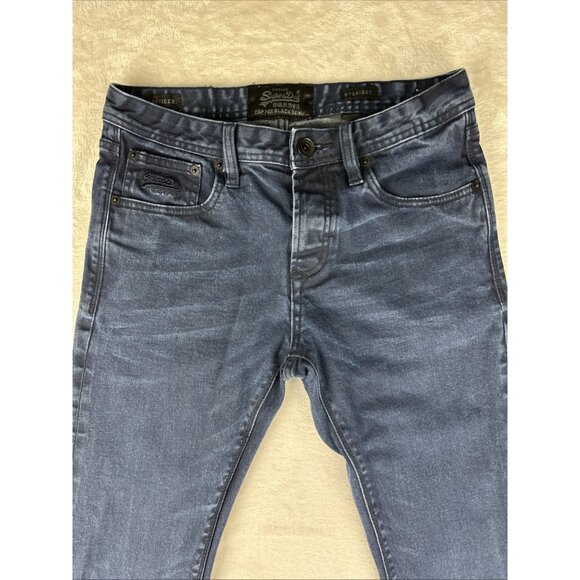 Superdry Mens Jeans 30 X 32 Blue Officer Straight Copper Black Denim Button Fly - Picture 2 of 13